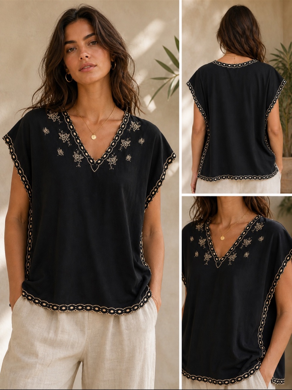 Y2K Boho Embroidered Caftan Top Black Cream Resortwear Quiet Luxury